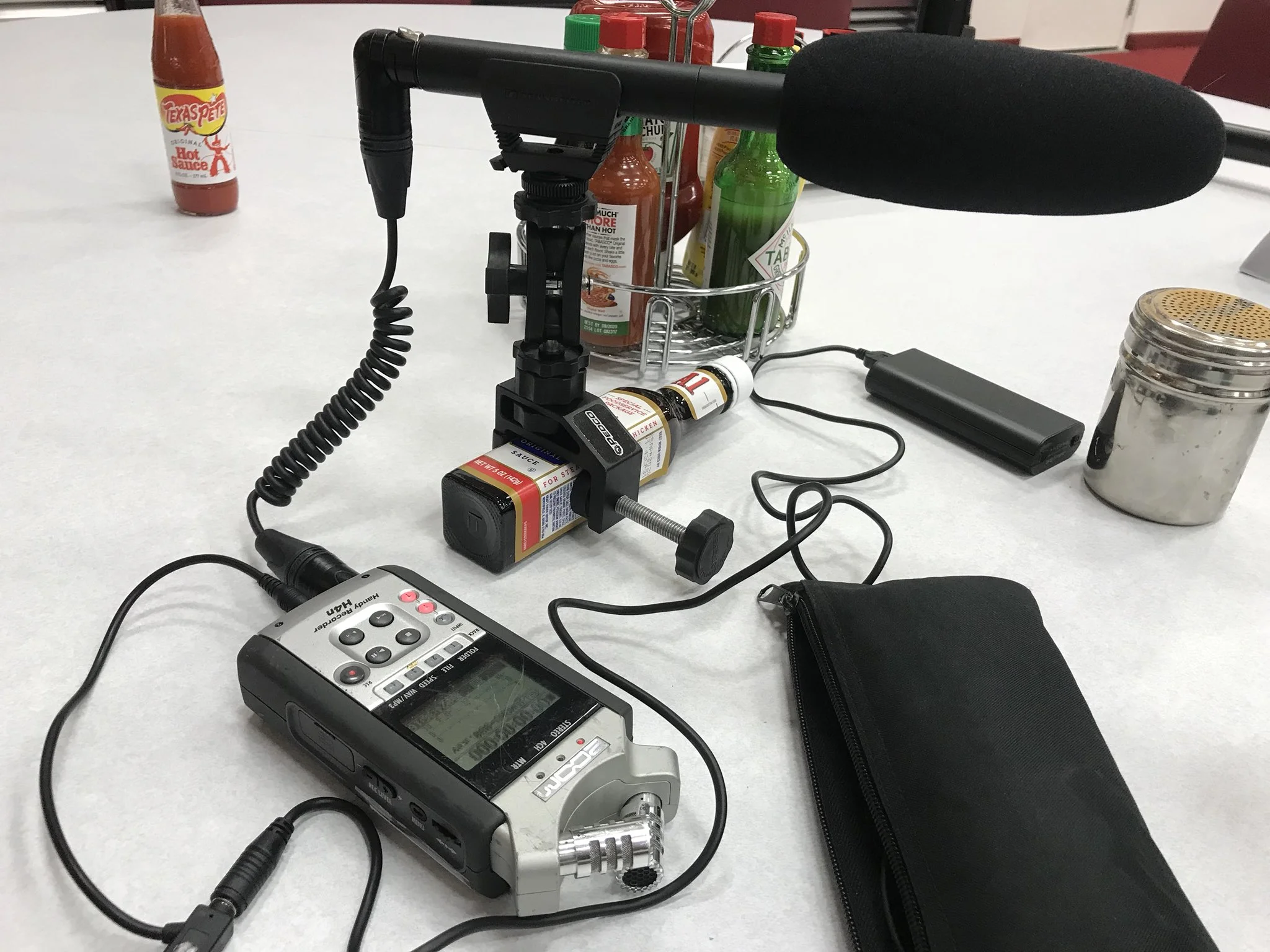 Patrick Gavin shared this photo on Twitter —using an A1 Steak Sauce bottle plus Pedco Ultra Clamp as a makeshift mic stand.