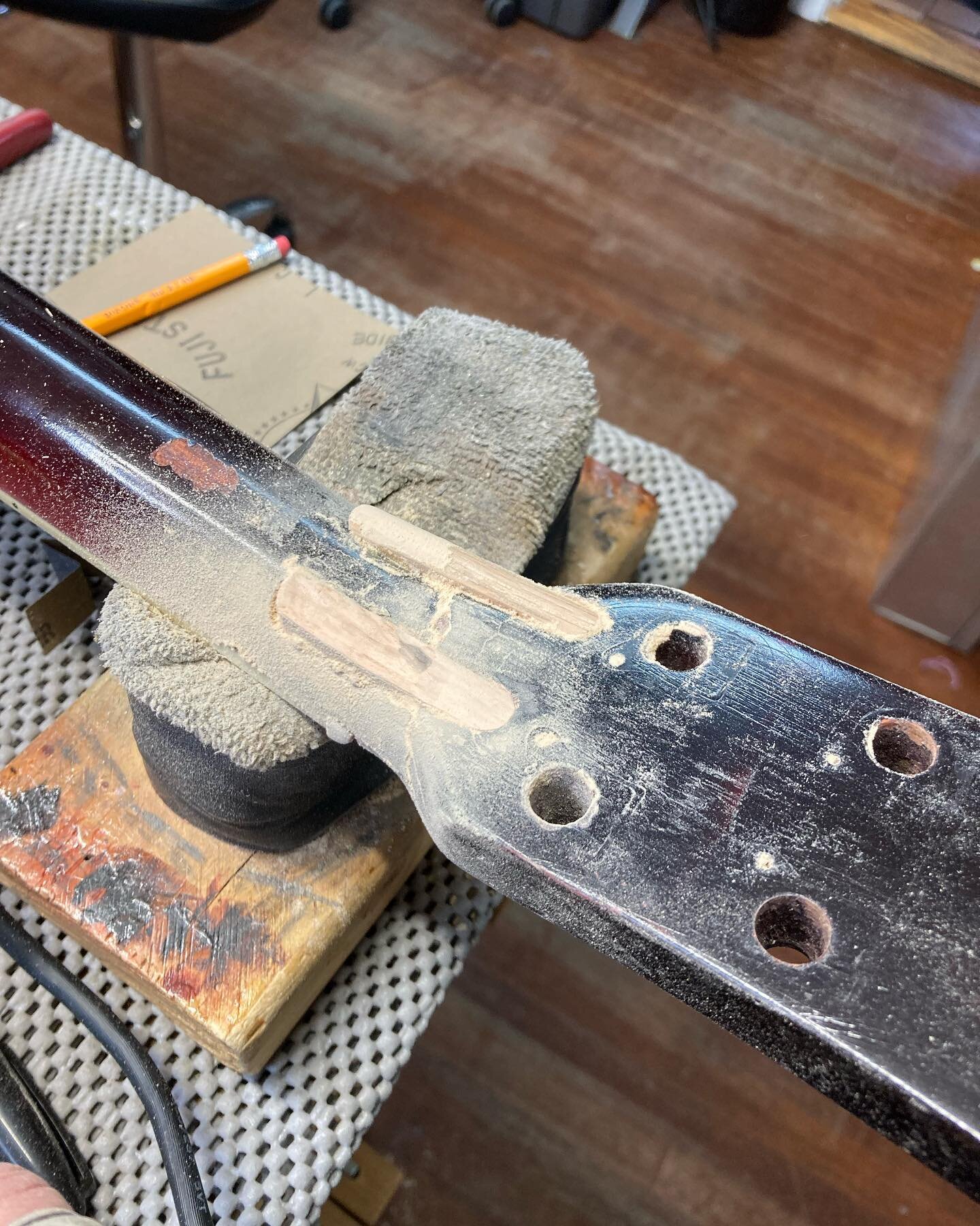 Headstock repair in the works. #guitar #guitarrepair #headstockrepair #refinish