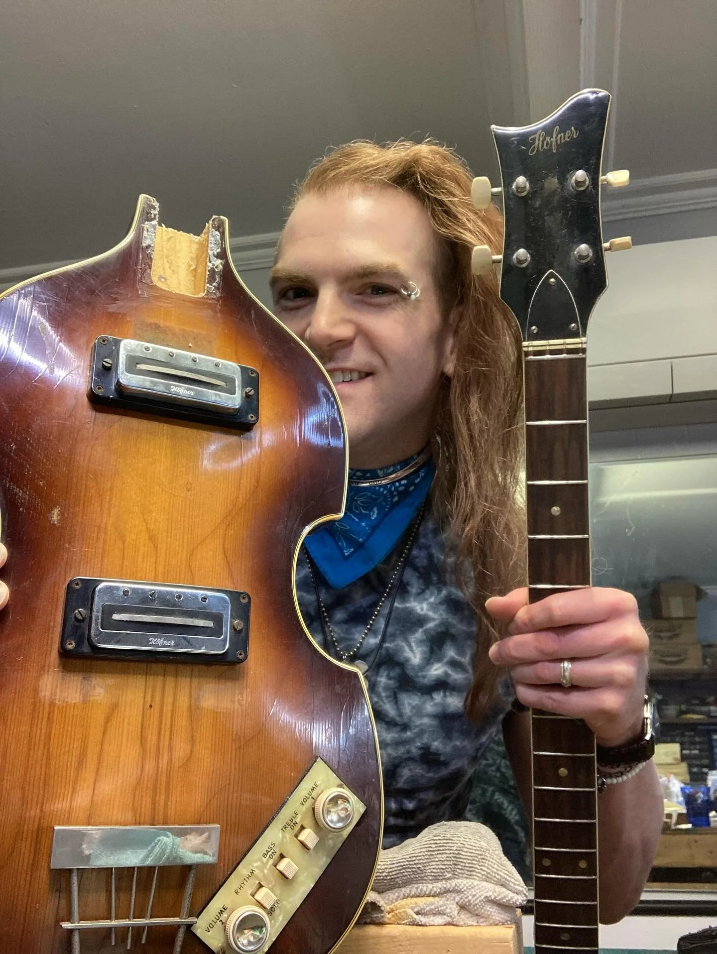 This Hofner violin bass graciously came apart in an attic a long time ago. Now it&rsquo;s good fit just needs to be reseated from the loosening and wiggling like a loose tooth we had to play together. #vintage #beatles #guitar