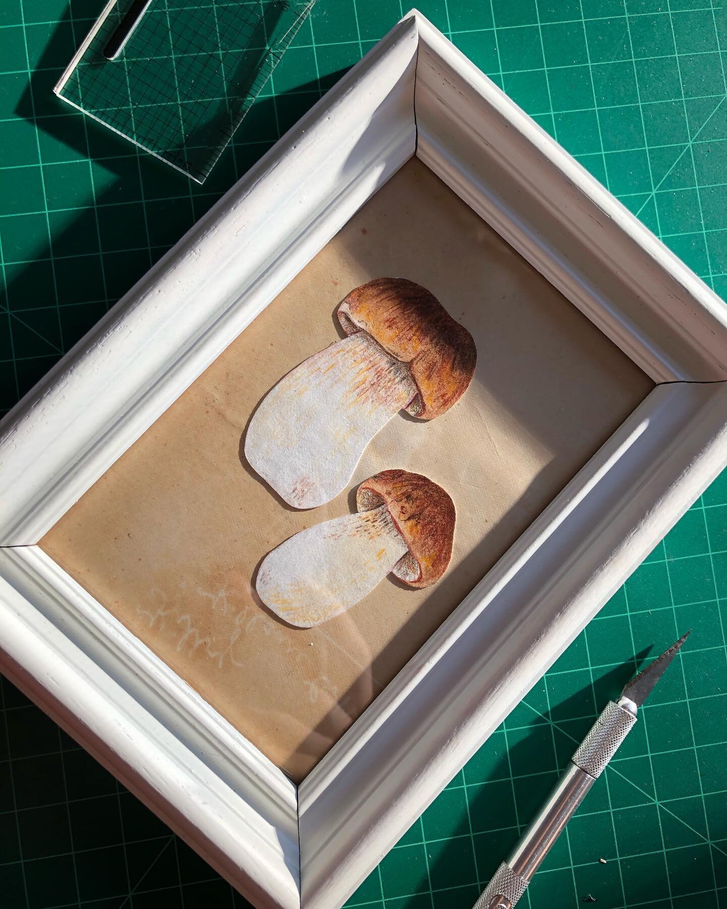 A couple mushies on vintage book paper from back in December 🍄

Really taking it easy this month while I&rsquo;m between courses, but hoping to get that IG story sale sorted and posted soon! Thrifted a big pile of frames today 👀