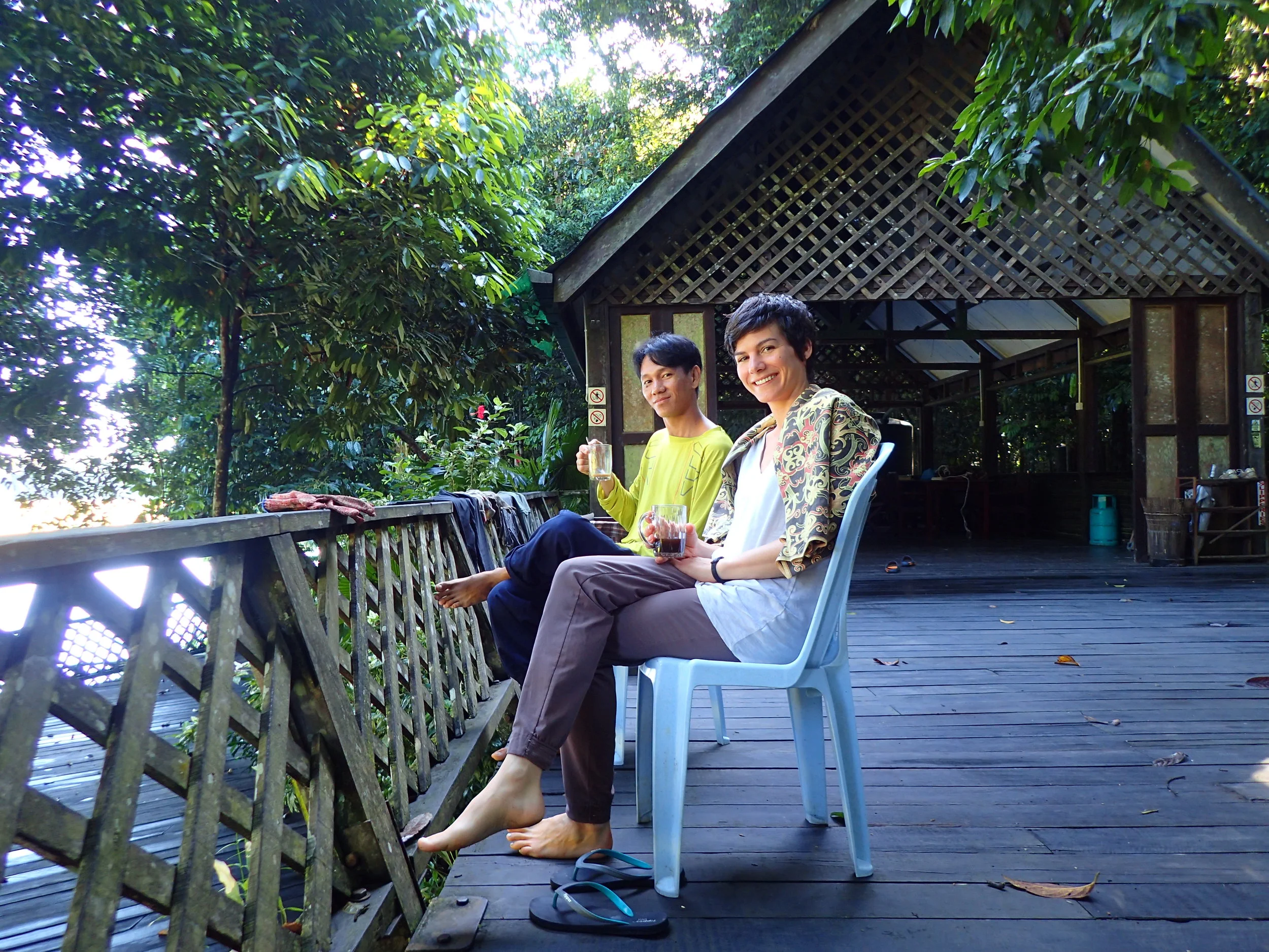 Kicie and I with our morning kopi at Tungog Oxbow lake. 