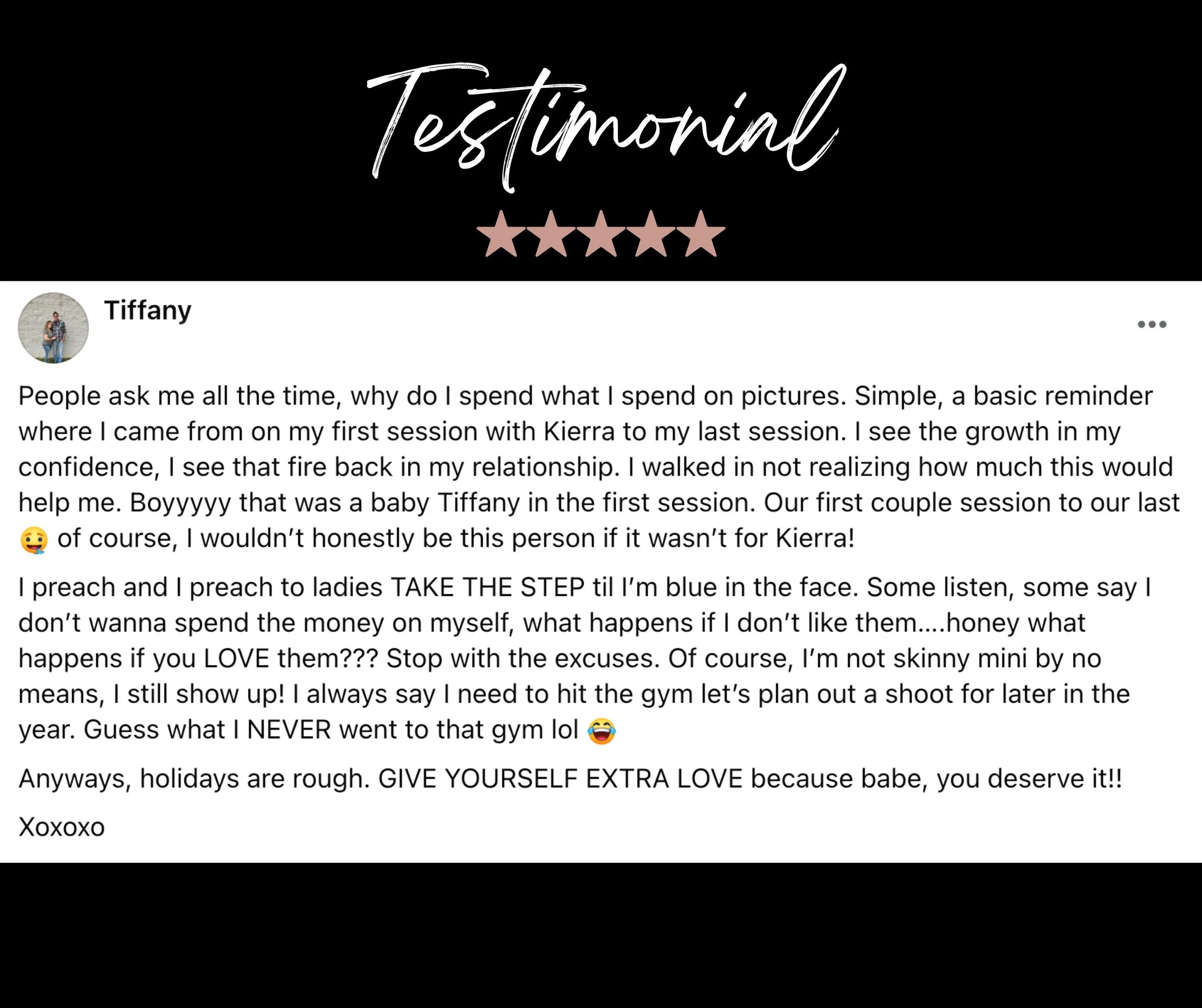 Client testimonial from a boudoir photography session.