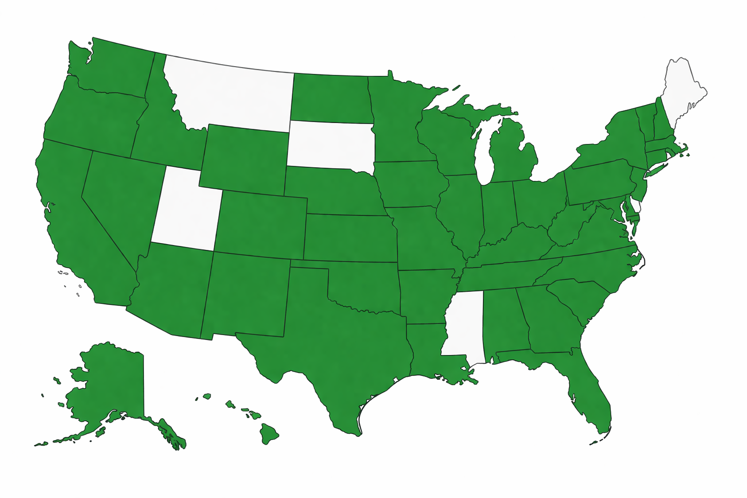 color-coded US map showing which 43 states Corollary can ship to