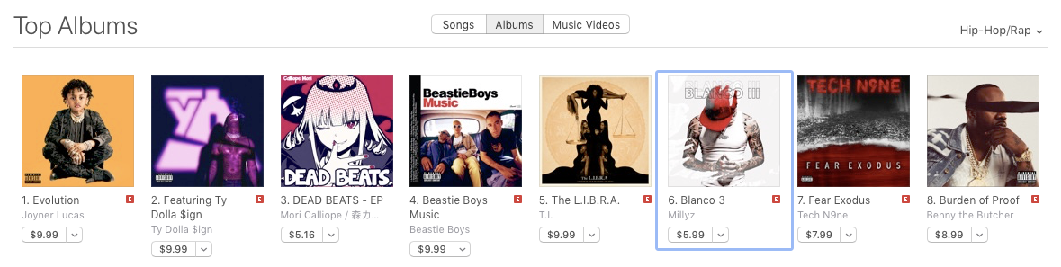 Millyz "Blanco 3" debuts #6 on iTunes Hip-Hop &amp; Rap Charts