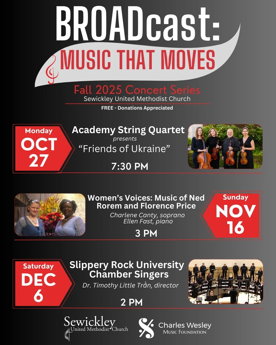 📣We are excited to launch the first season of the BROADcast Concert Series! 

This Fall 2025, three memorable concerts will feature exceptional performances, foster community, and deliver inspiring music. Hosted by the Charles Wesley Music Foundatio