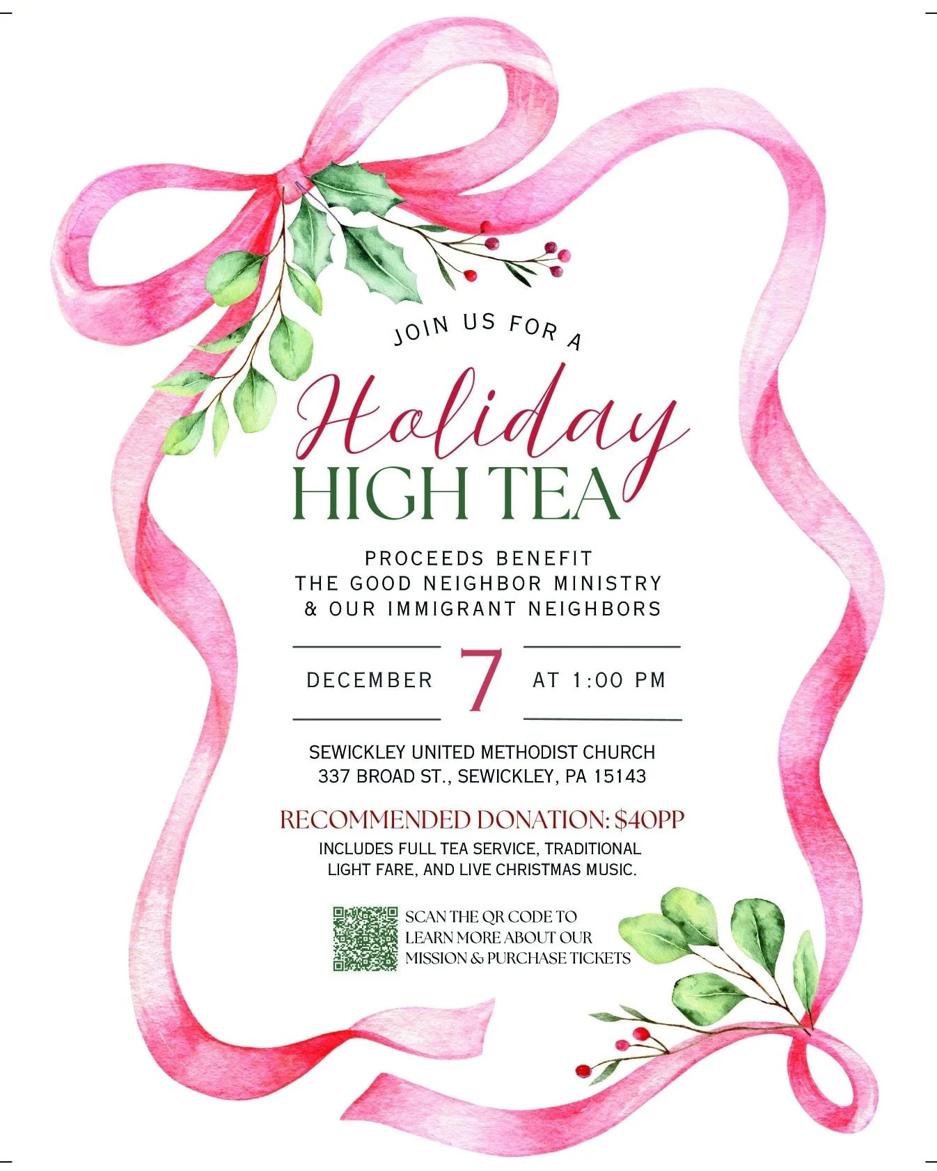 We&rsquo;re so excited for our Holiday High Tea on December 7! We hope you'll join us for a cozy afternoon featuring a full tea service, festive basket raffle, and live Christmas music by the Perfect Fifth Brass Quintet. Proceeds help restock our fre