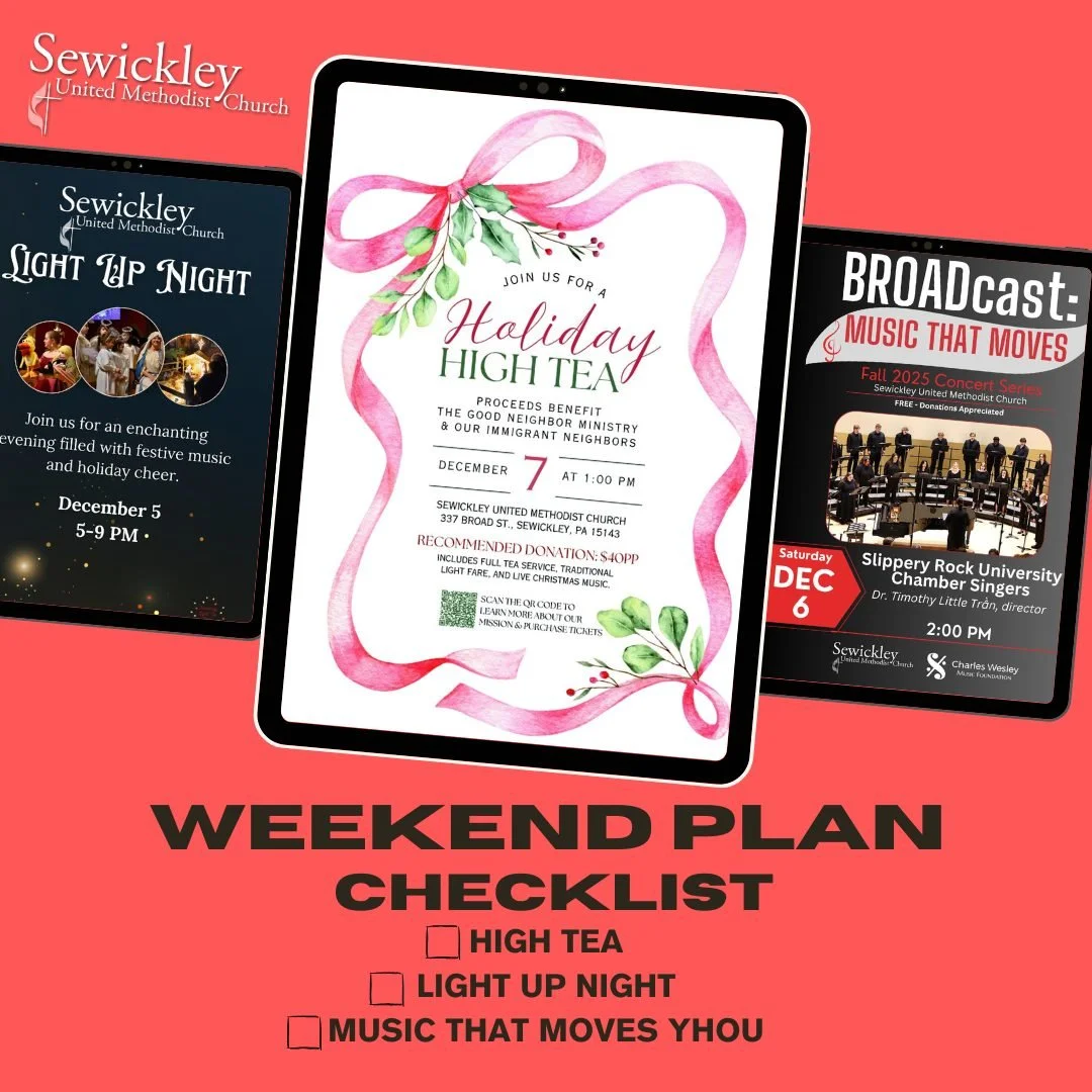 Hey Church Fam! 👋
We know you've got a lot on your plate this weekend, so here are 3 (very important) weekend plan options to consider:

1️⃣ Holiday High Tea 
 December 7 | 1 pm!
 We hope you'll join us for a cozy afternoon featuring a full tea serv