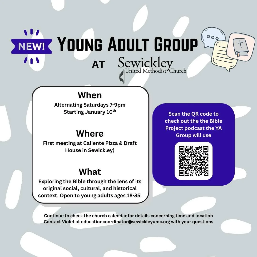 📣 Calling all young adults!

Starting January 10, join our new Young Adult Group. Dive into the Bible by exploring its social, cultural, and historical backgrounds. Open to ages 18-35. 

Check out the image for more details!