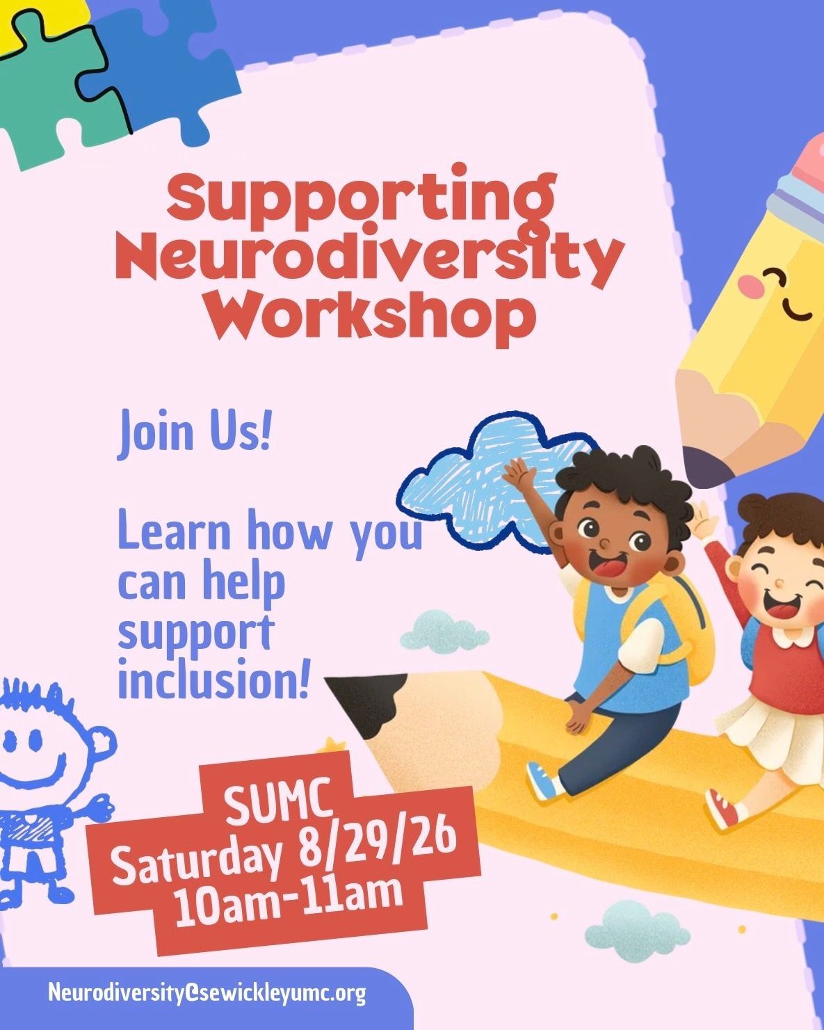 🧩 Want to make a difference and learn actionable ways to help support inclusion? Join us at SUMC this Saturday, August 29th, from 10 AM to 11 AM for our Supporting Neurodiversity Workshop! 

Whether you're a parent, educator, or simply a community m
