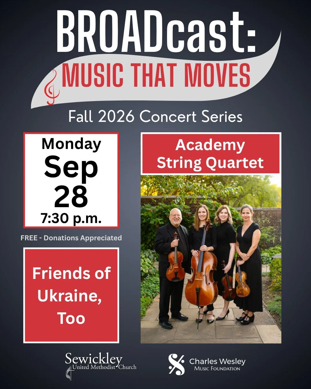 🎻 Live music. Fascinating stories. A concert made for discovery.

We're excited to welcome the Academy String Quartet to Sewickley UMC on September 28 for Friends of Ukraine, Too, presented as part of the @cwmfdn 's BROADcast Concert Series.

Experi