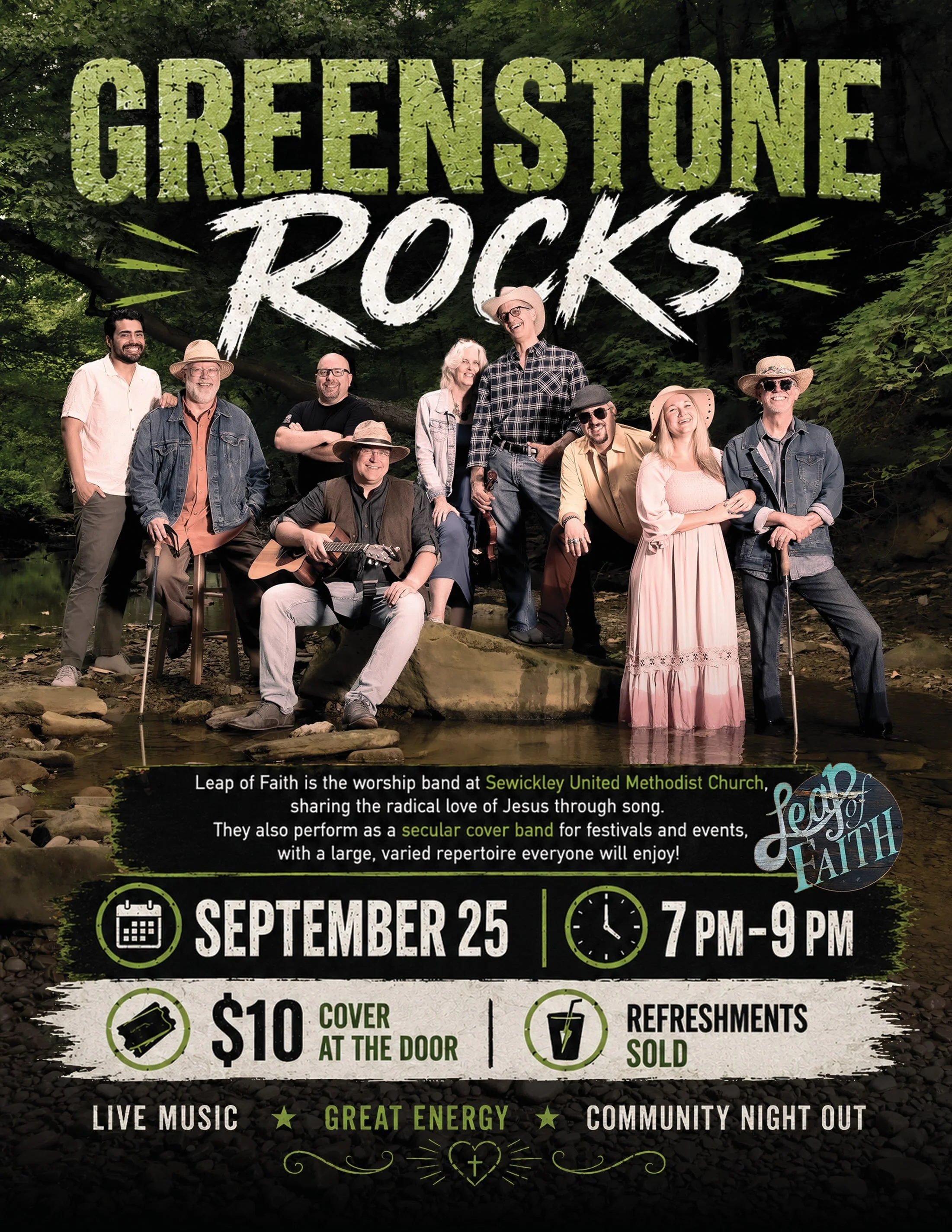 Need a night out?? 

Come see us at Greenstone United Methodist Church.  9/25, 7-9 pm 

We hope to see you there! 

#contemporaryworship #leapoffaith #sewickleyumc
