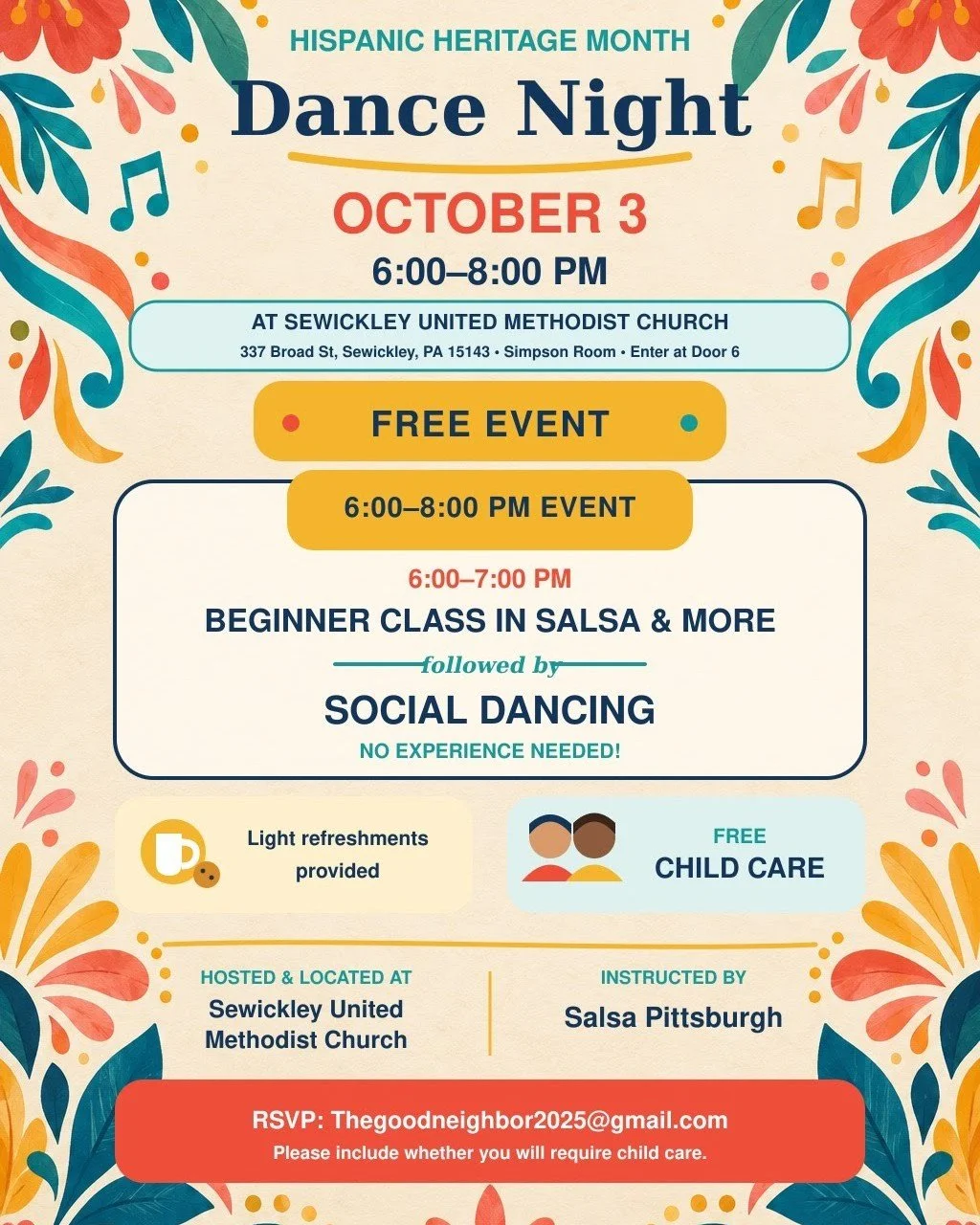 Join us for a free Hispanic Heritage Month Dance Night! 💃 

Whether you are a beginner or just want to dance, Salsa Pittsburgh will lead a beginner class from 6:00&ndash;7:00 PM, followed by open social dancing until 8:00 PM. No experience needed! 
