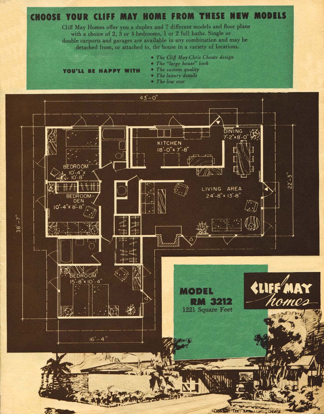 RM3212 Floor Plan from a 1955 Cliff May Homes Brochure