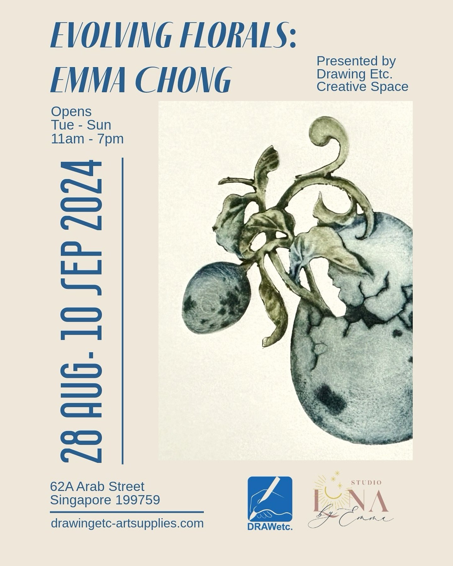 &ldquo;EVOLVING FLORALS&rdquo; is currently showing at :
Drawing Etc. Creative Space 
@ 62A Arab St (8 mins walk from Bugis MRT) 
28th August - 10th September
Daily: 11am - 7pm 

I am please to be featuring selected pieces of my most recent printmaki