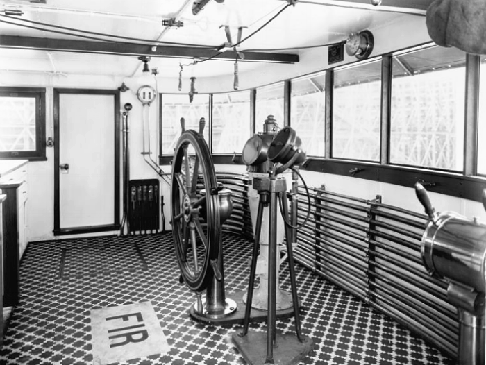 August 12, 1939 Oakland, California Pilothouse. Photograph taken at the Moore Dry Dock Company. - U.S. Coast Guard Cutter FIR, Puget Sound Area, Seattle, King County, WA 
