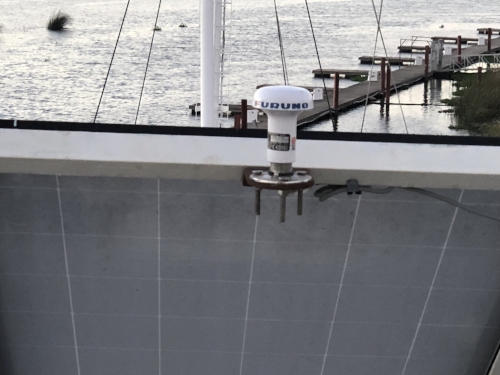 The Furuno 170A has an independent GPS antenna. We chose to mount the antenna between the A-Frame supports and just above the solar panels. In the (hopefully) unlikely event that we encounter a bridge or storm that strips off our primary GPS antenna, this antenna should survive as backup. Also worth noting is that we ran the wiring outside the mast bundle which adds to the independence of this system.