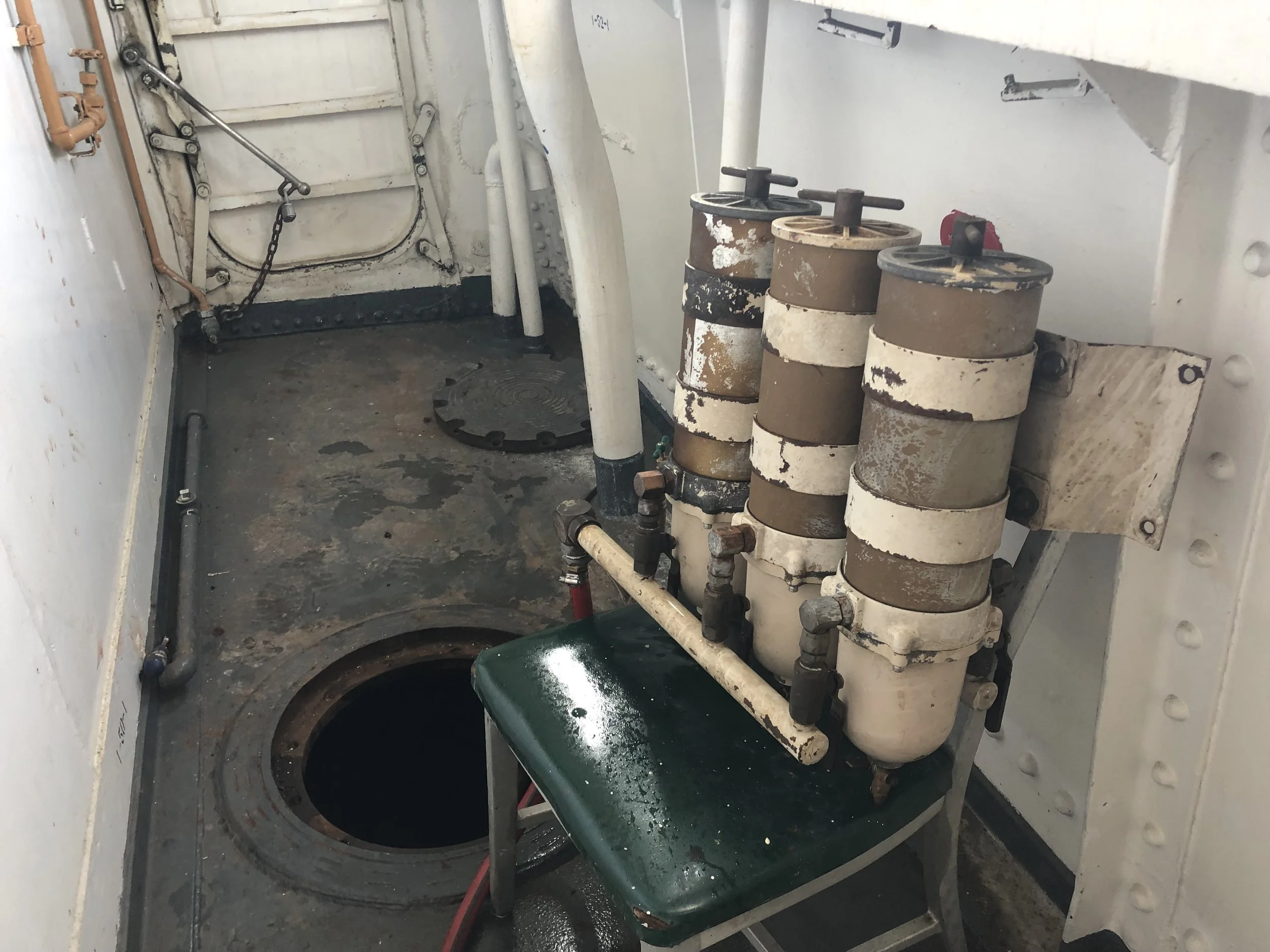 Our temporary filter setup to move fuel oil from one tank to the next.