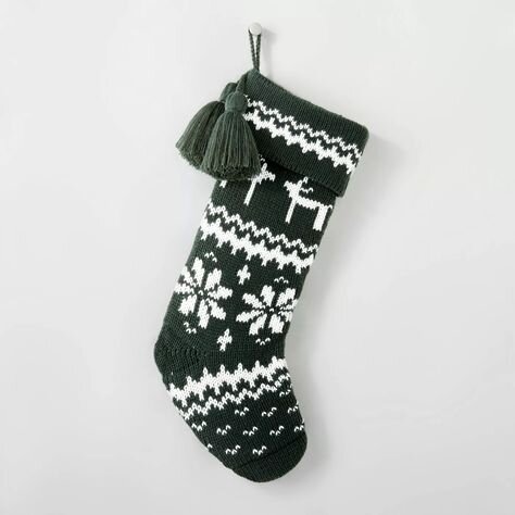 Fair Isle Knit Holiday Stocking with Swing Tassels Green