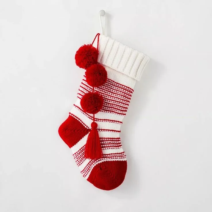 Chunky Knit Striped Holiday Stocking with Swing Tassels Red/Sour Cream