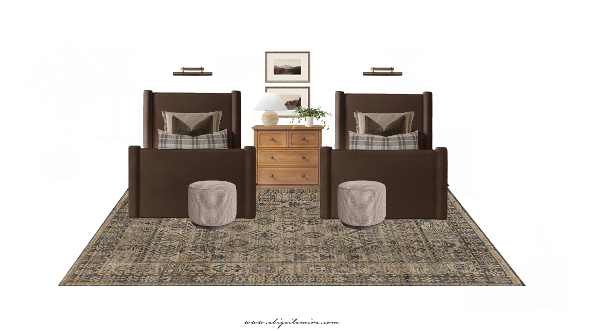 Shared children’s bedroom with two upholstered twin beds, warm wood dresser, neutral bedding, and vintage-style patterned rug