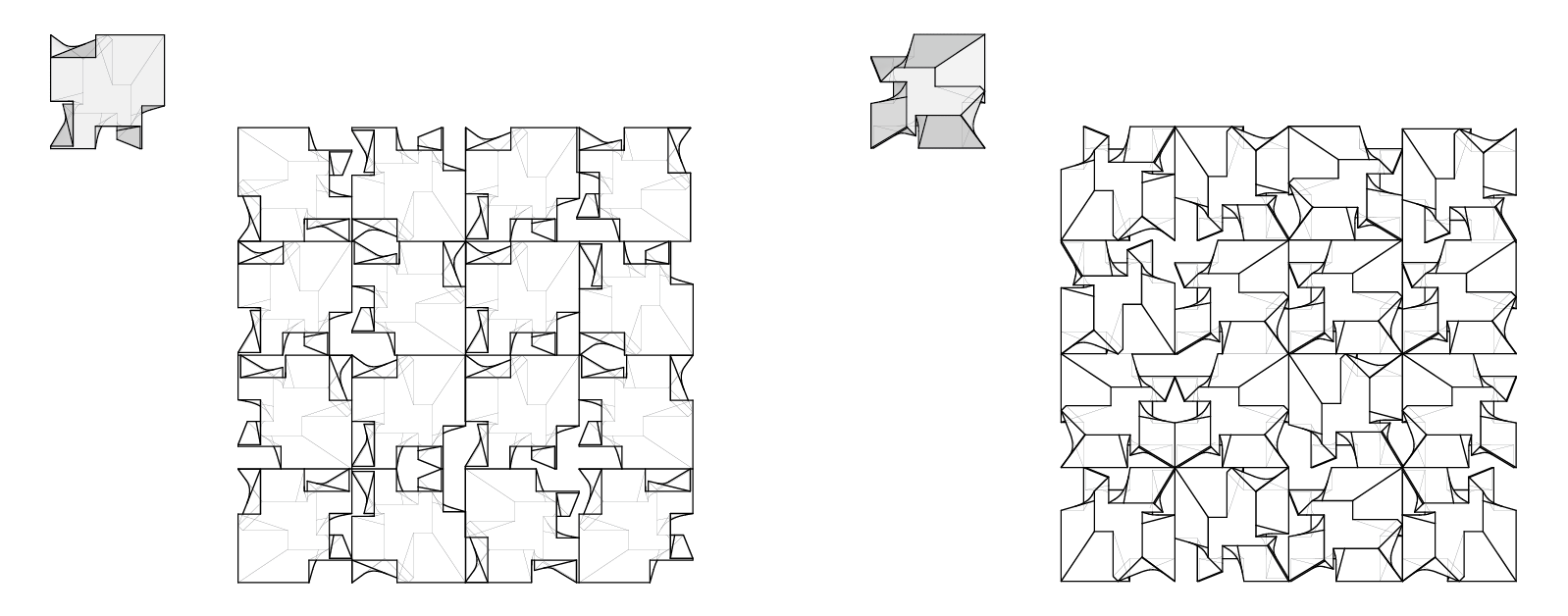 Top and bottom views of 3D grids consisting of two lofted triangle-based cutout forms (first row) and two lofted square-based cutout forms (second row)