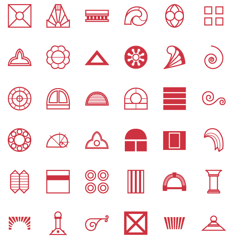 glossary of icons made by abstracting architectural features of the library