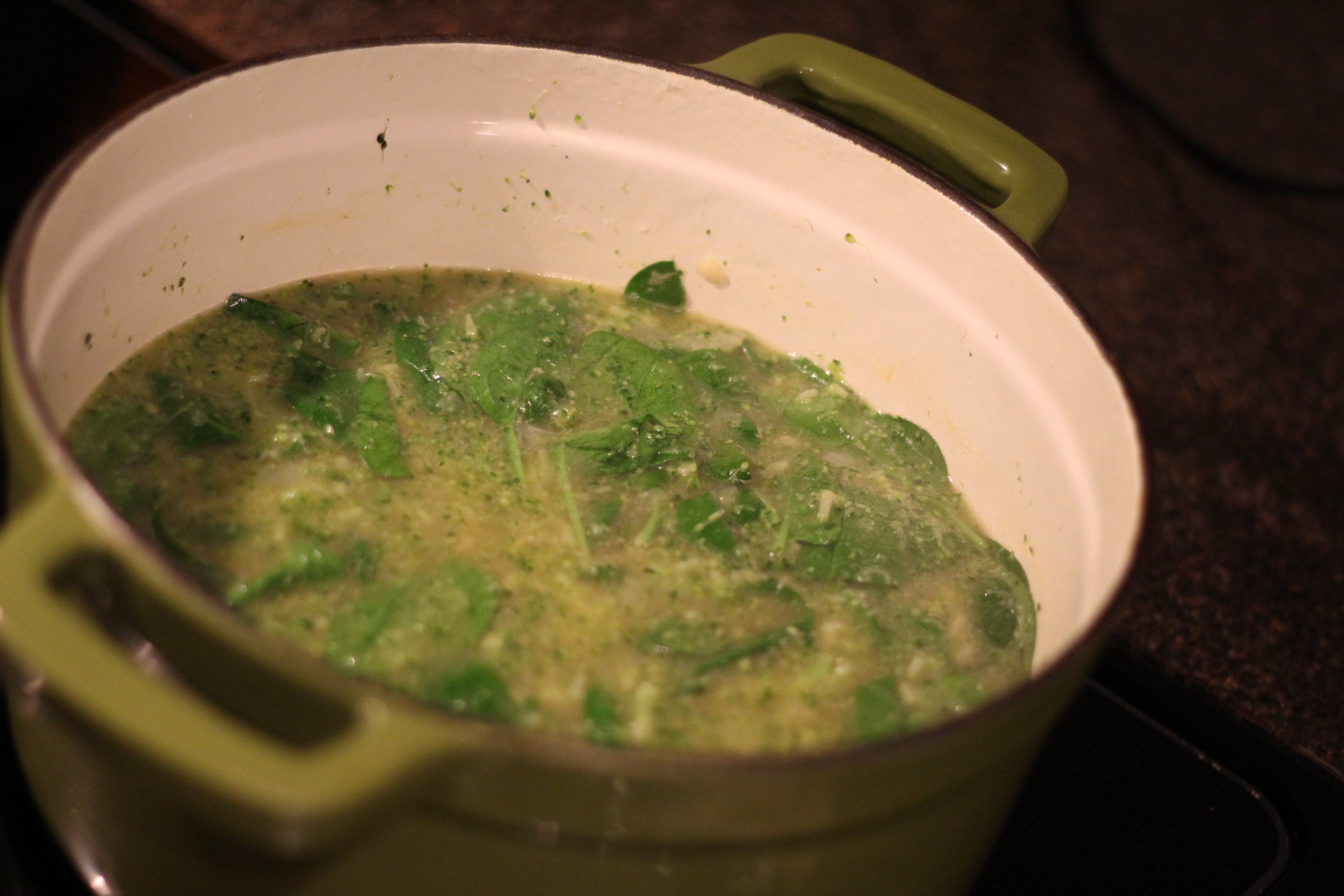  Spinach helps add body and contributes to the incredible color of the finished soup. 