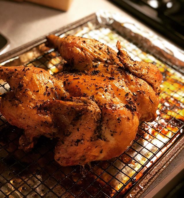 Spatchcocked and roasted a chicken tonight - rubbed with fresh thyme, sage, and rosemary. Used the removed spine to make a jus. It was beautiful AND tasty. Can&rsquo;t go wrong.  Served with roasted parsnips and crispy Brussels sprouts. &bull;&bull;&