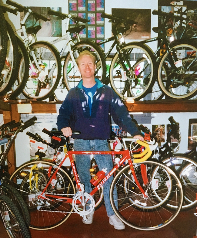 John with his new redwood bike racks that his good friend Allen made for the shop. Early 1990's.