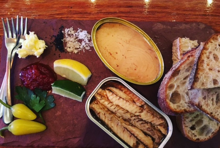 Tinned fish board with all the accoutrements. 