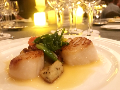A play on Carbonara - Diver scallops with potato gnocchi and apple smoked bacon.
