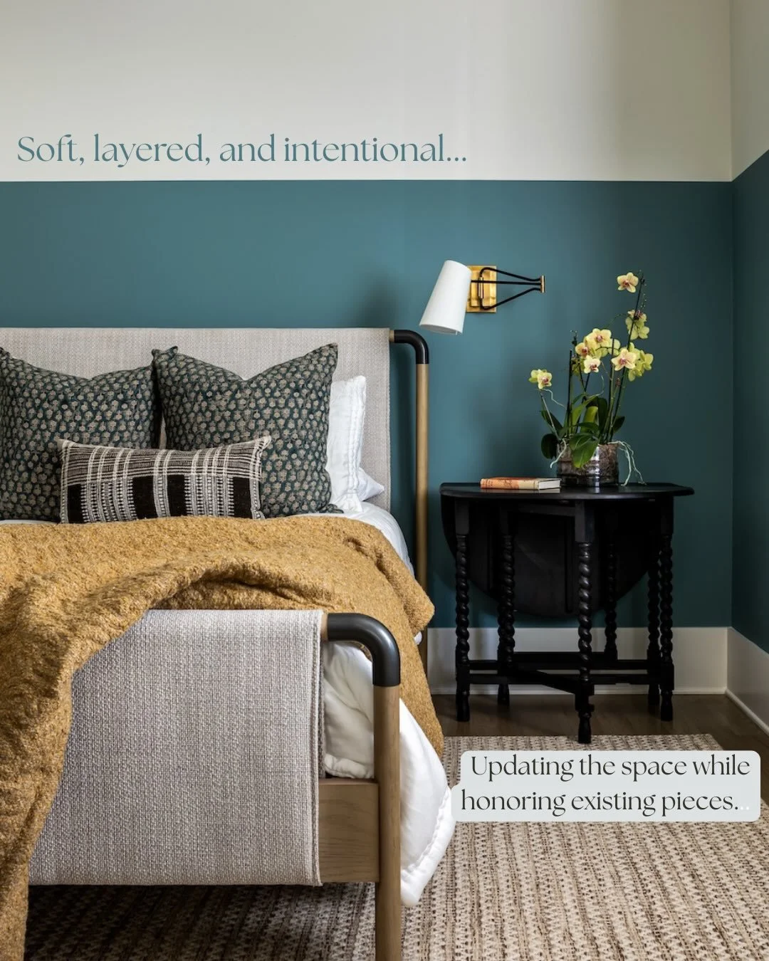 At MDG￼, we believe in honoring the pieces that already tell your story. This cozy bedroom in a historic Roswell home blends fresh design with furniture the owner loved long before we arrived.✨
