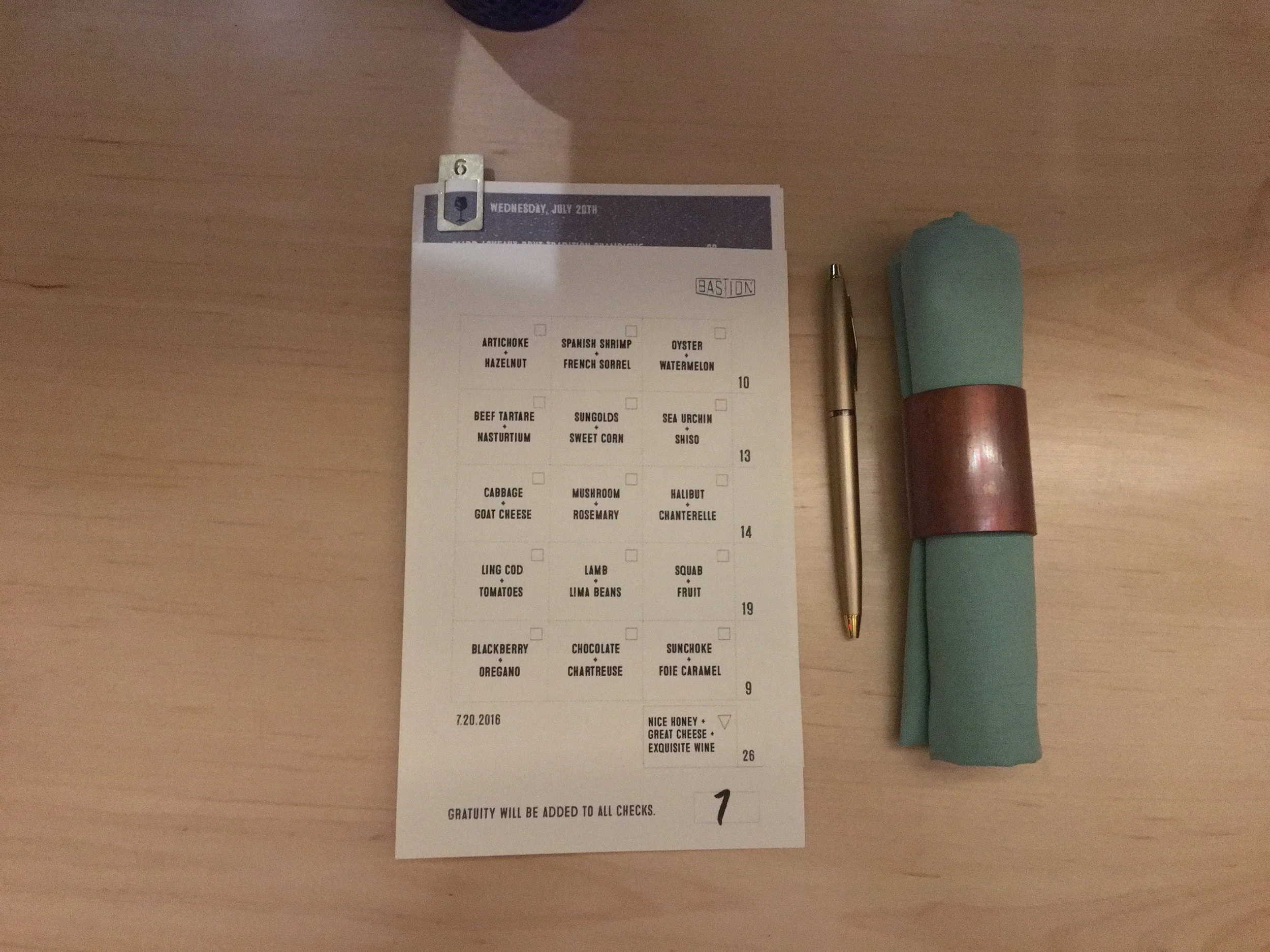 A Sample Menu at Bastion