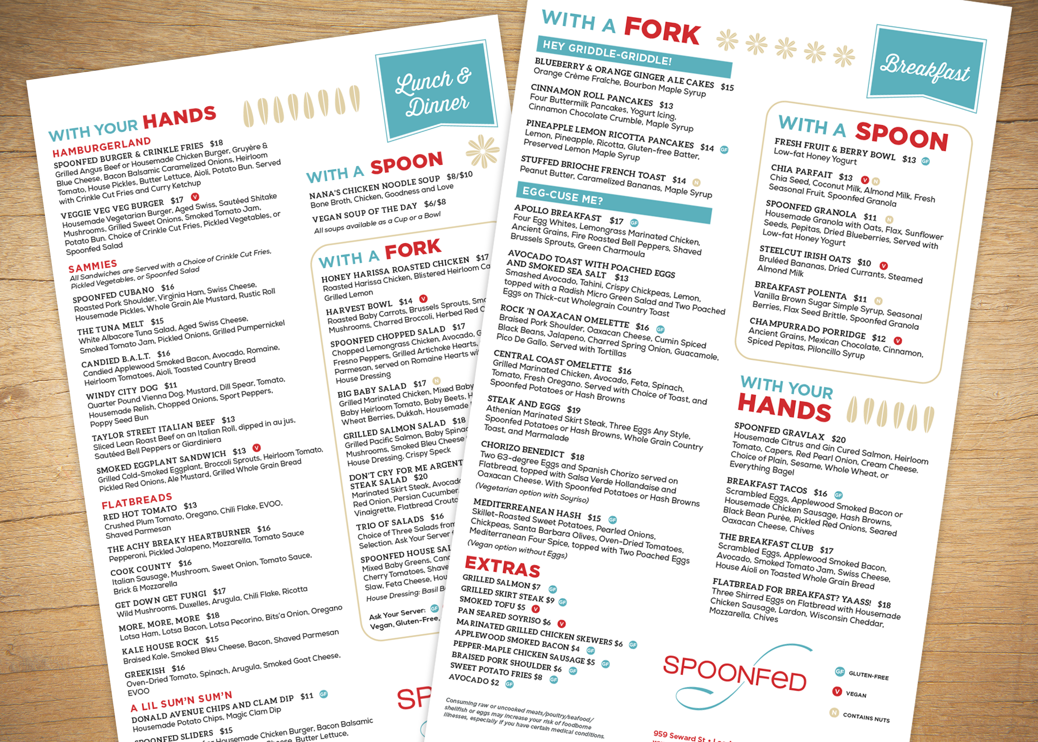 Breakfast menu on one side, lunch & dinner menu on the other side.