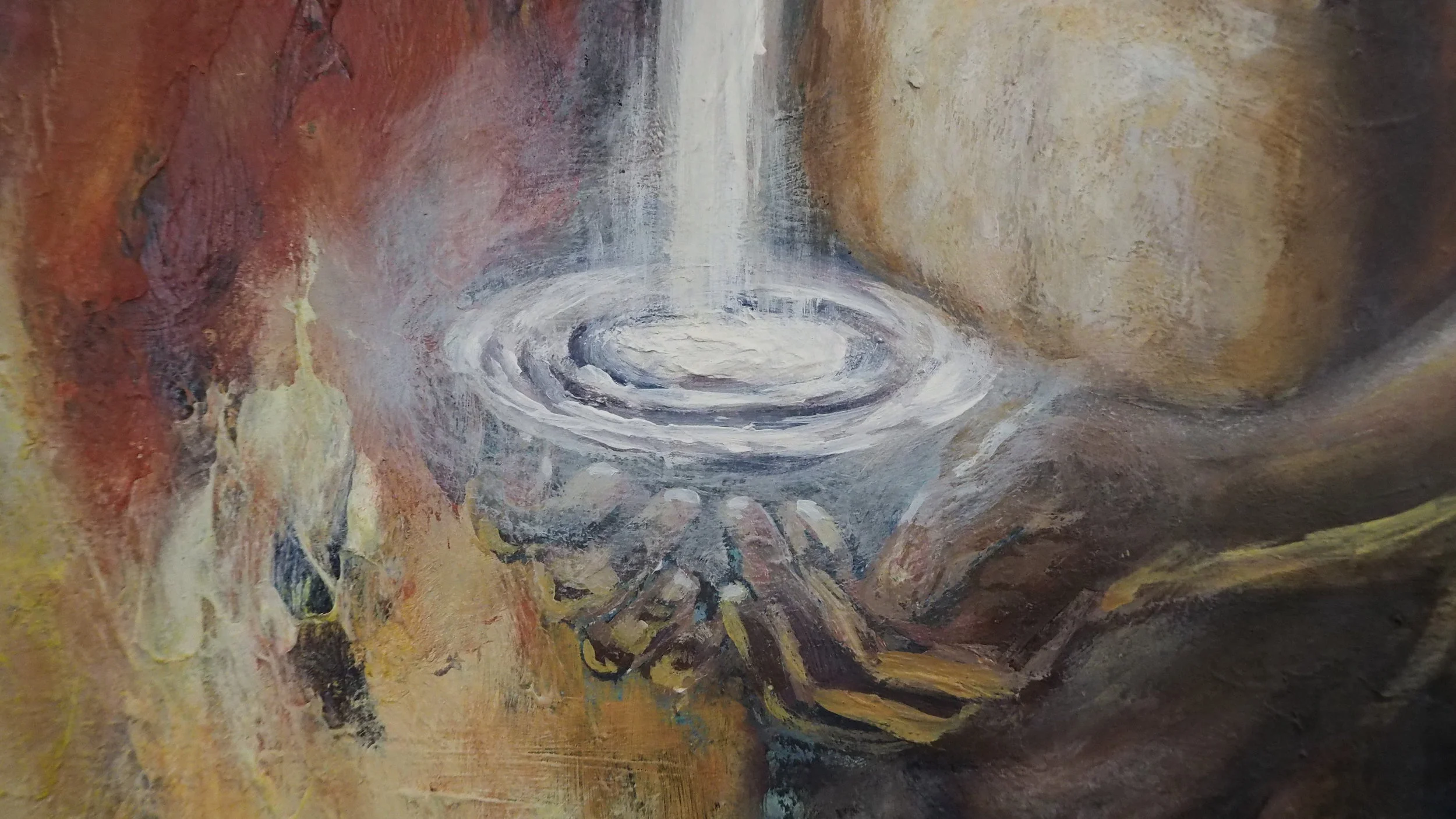     Circles which appear to be galaxies/universes, are meant to be literal, but also metaphorical.&nbsp;  "...we are the dust of stars," and therefore the dirt of the universe.&nbsp;  How wonderful, that dirt, can become the world, with all its convo