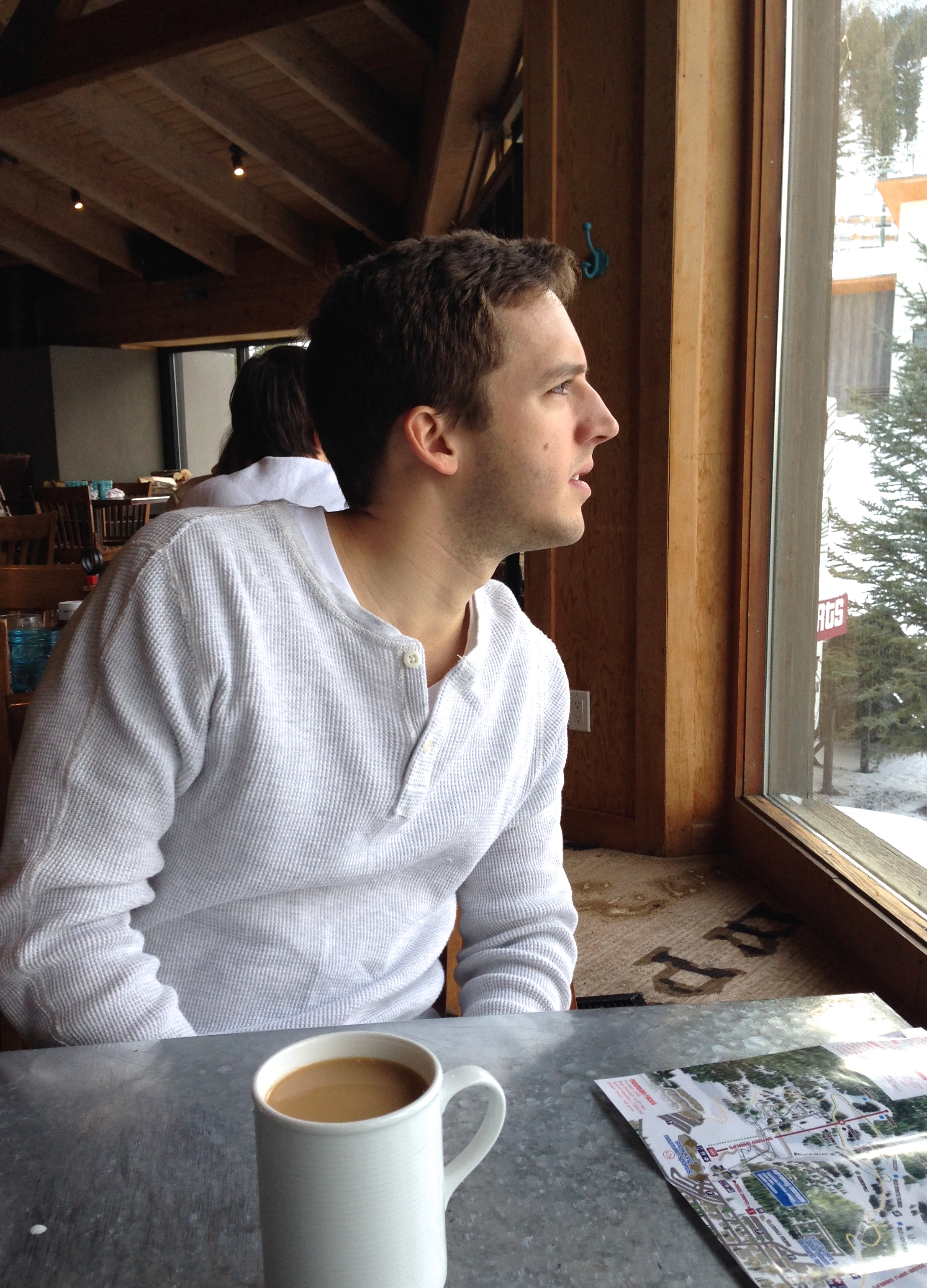 This was Micah both mornings: staring at the slopes, ready for breakfast to be over so he can go ski.