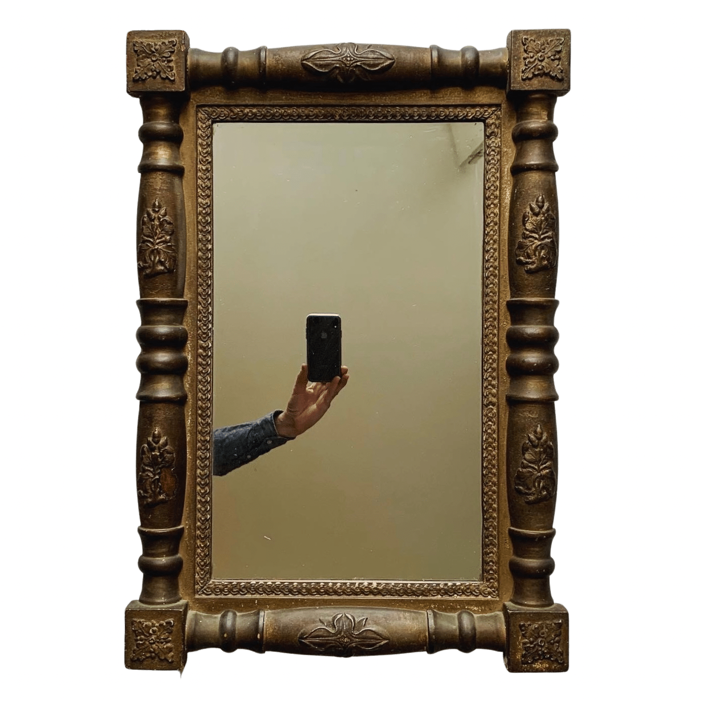  Mid 19th century patinated burnished gilt framed mirror, 18” x 26”H, $235 
