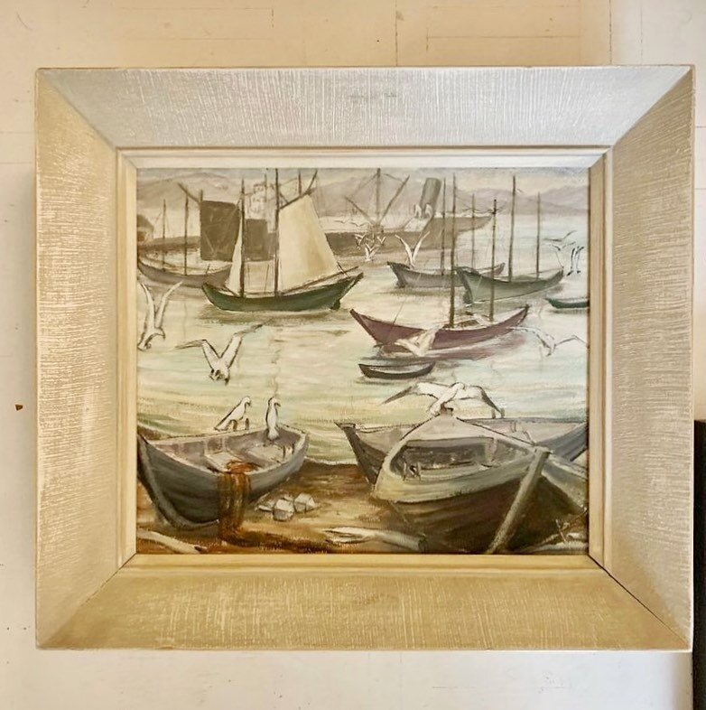 Today&rsquo;s vibe, a great little folky harbour seascape mid century painting 16x18&rdquo; $115.00 #iamtheoldmanandthesea #citycountrycottage #gallerywall #interiors #nautical #midcentury #vintagefineobjects #dmforinq