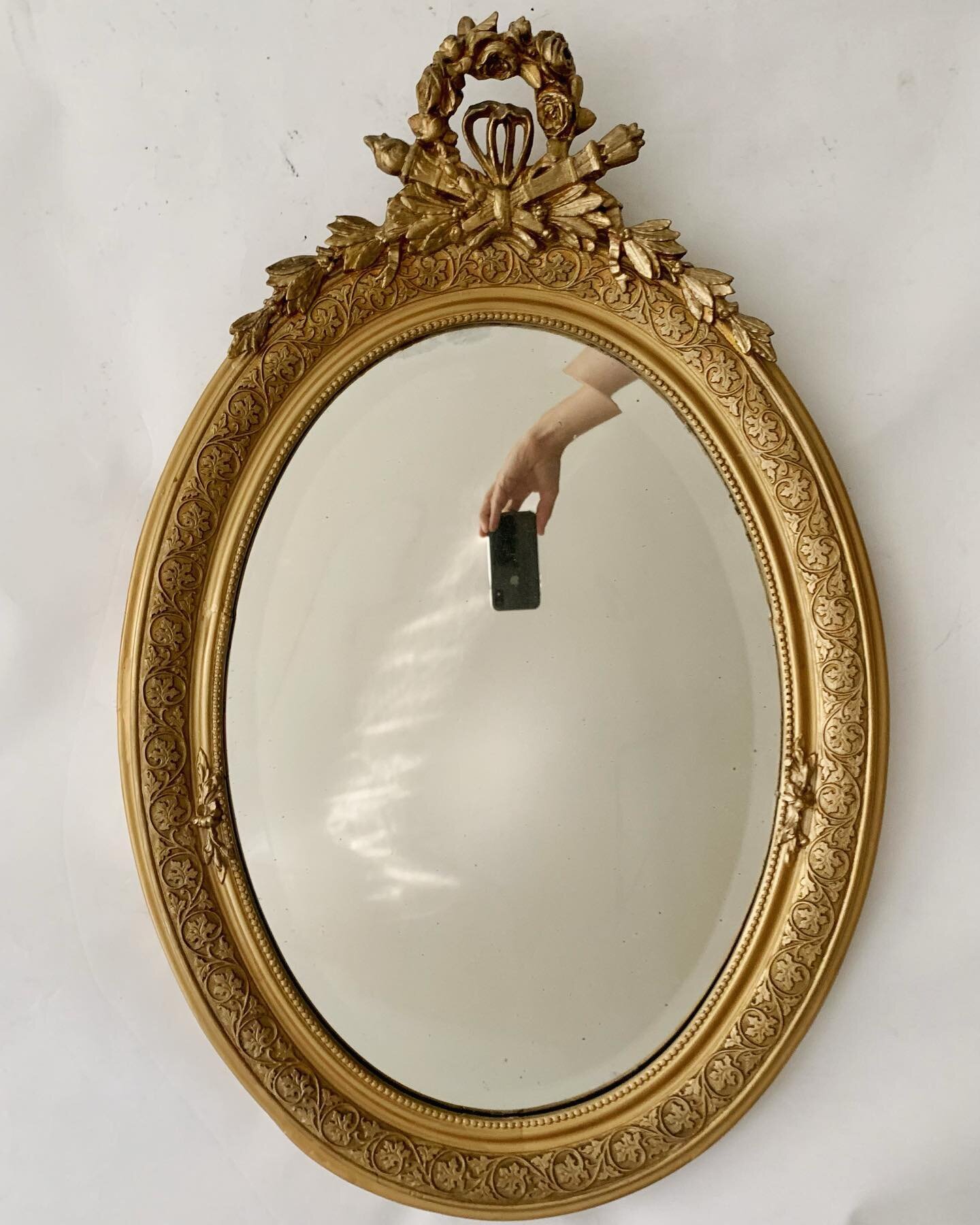 I&rsquo;ll be seeing you all really soon, a beautiful oval French Louis XVI gilt framed beveled mirror 23x35&rdquo; $335.00 #design #interiors #luxe #vintagefineobjects #dmforinq