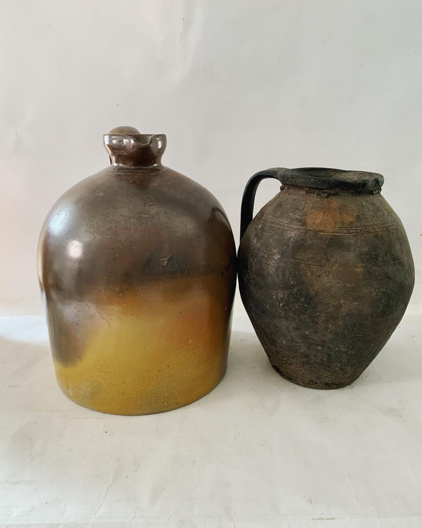 A couple of good size pottery pieces, a two tone 19th c. pottery jug crock 13&rdquo;H $78.00 and a primitive black pottery vessel 11.5&rdquo;H $145.00 #interiors #kitchendesign #modernfarmhouse #vintagefineobjects #dmforinq