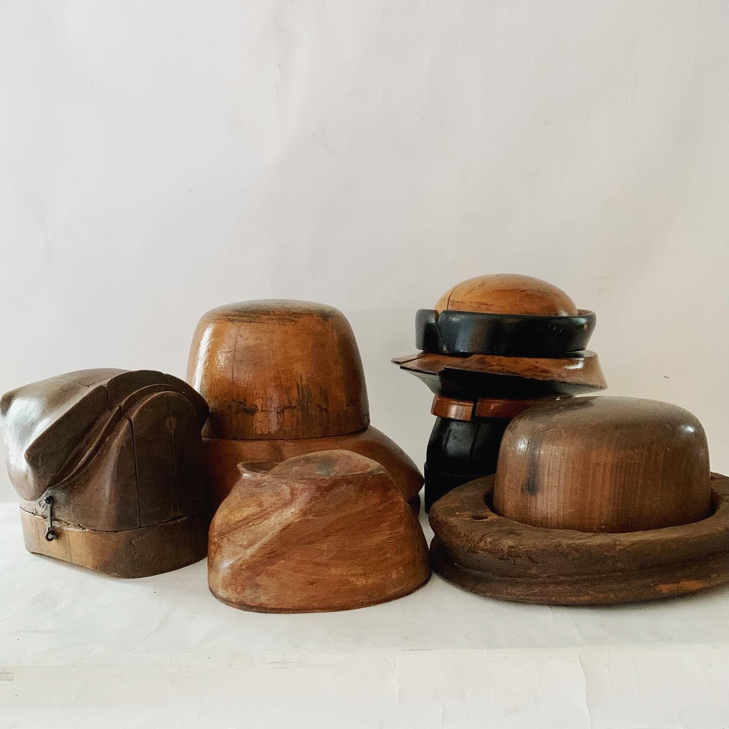 A stylish vintage wooden hat block collection $68-115.00each #fashionista #hatblocks #interiors #millinery #shelfiedecor #sculptural #dmforinq