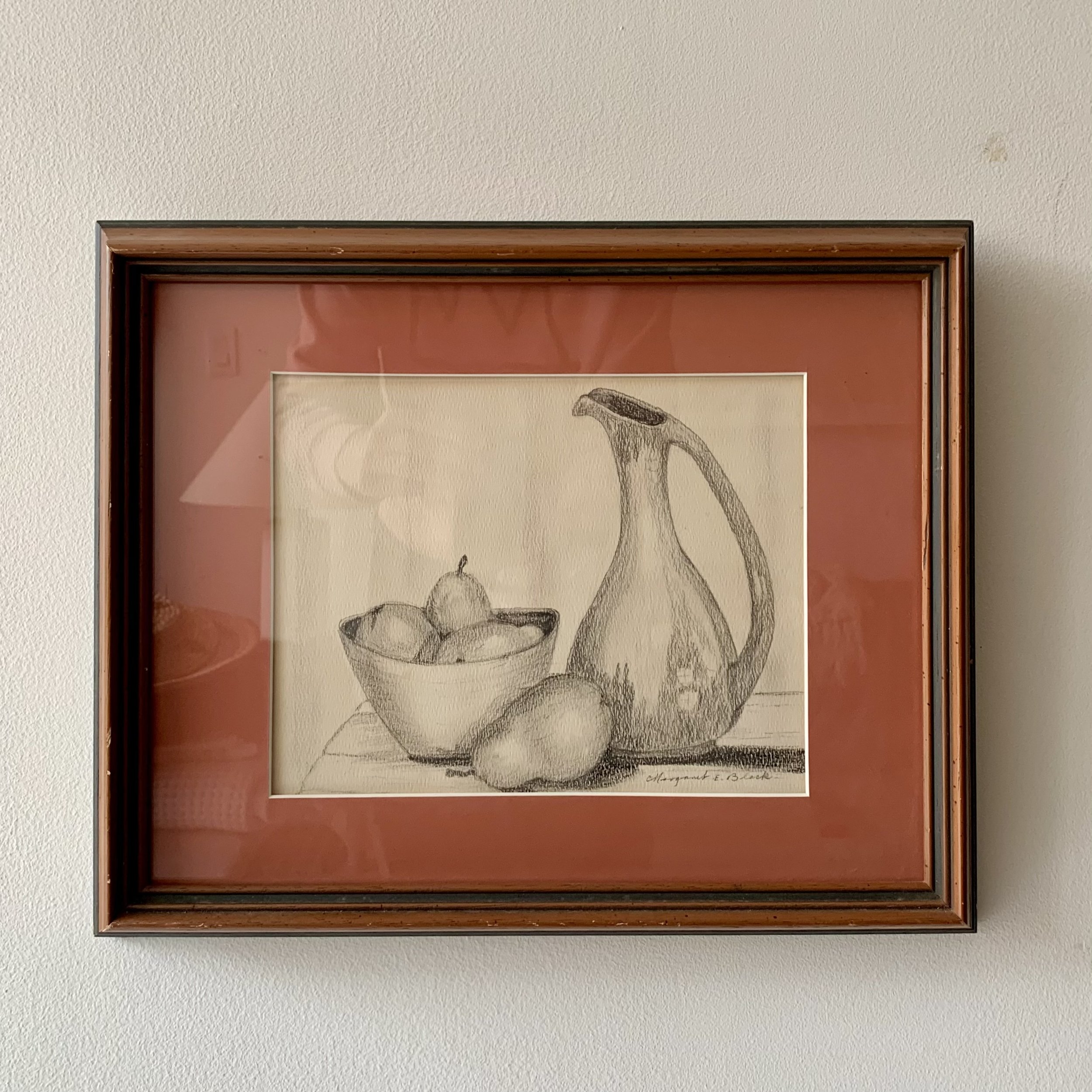 A great framed still life graphite sketch. Signed. 13” x 16”. $78.00