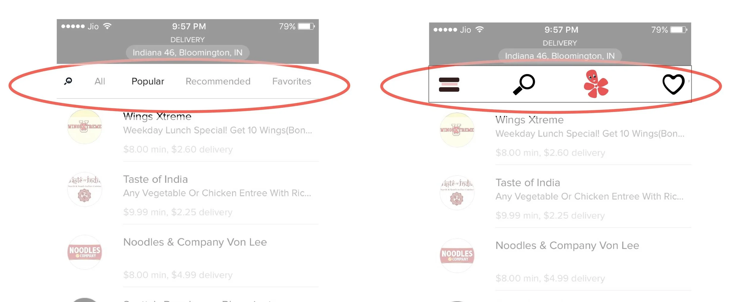 Left : Existing interface of Btownmenus. Right : Redesigned interface for Btownmenus with Yelpy.