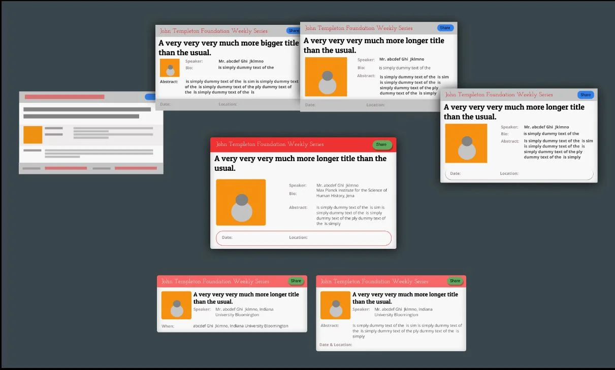 Several iterations of wireframes and mockups designed for the 'Upcoming Events' and 'Past Events' section.&nbsp;
