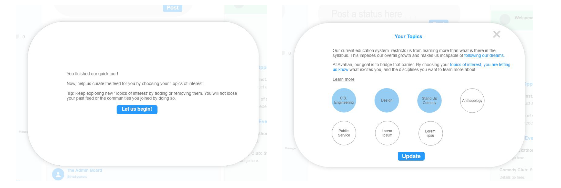 Left: Onboarding experience providing tips to user to help learn how to use the feature.Right: An interaction showing how users experience adding or removing topics of Interest.