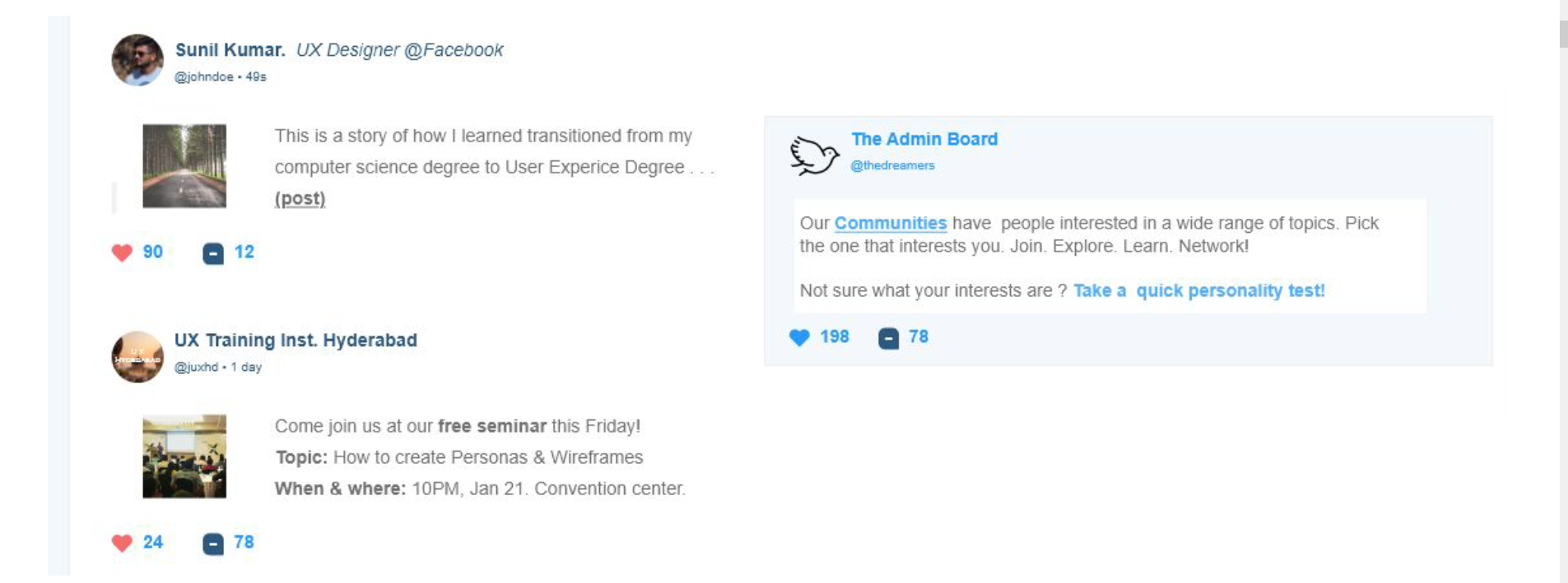 Left: A typical feed for a user interested in UX Design.&nbsp; &nbsp; &nbsp; &nbsp;Right: 'The Admin Board' features posts that are directly recommended by the Avahan admins themselves.
