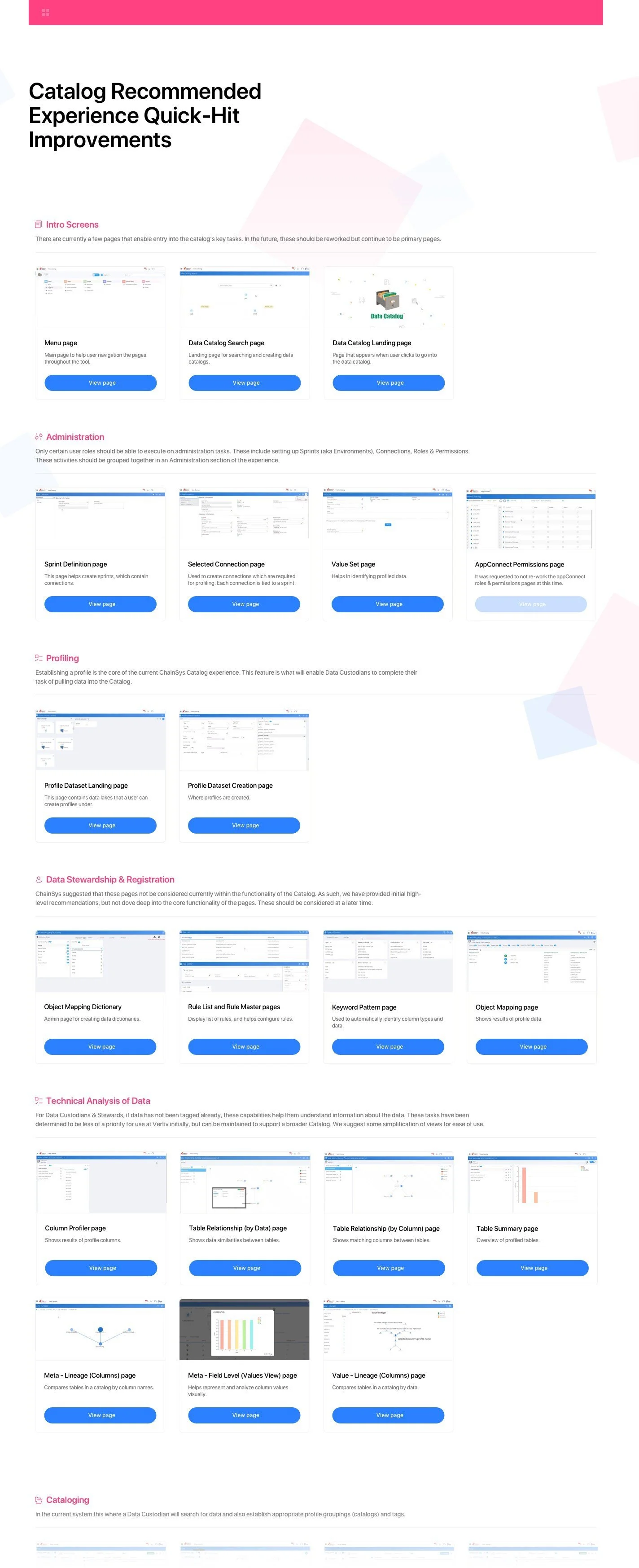 Dashboard page of the inVision handbook we created. All the screens are categorized into features. Users could navigate across screens and different sections effortlessly while also learning about the new categorization