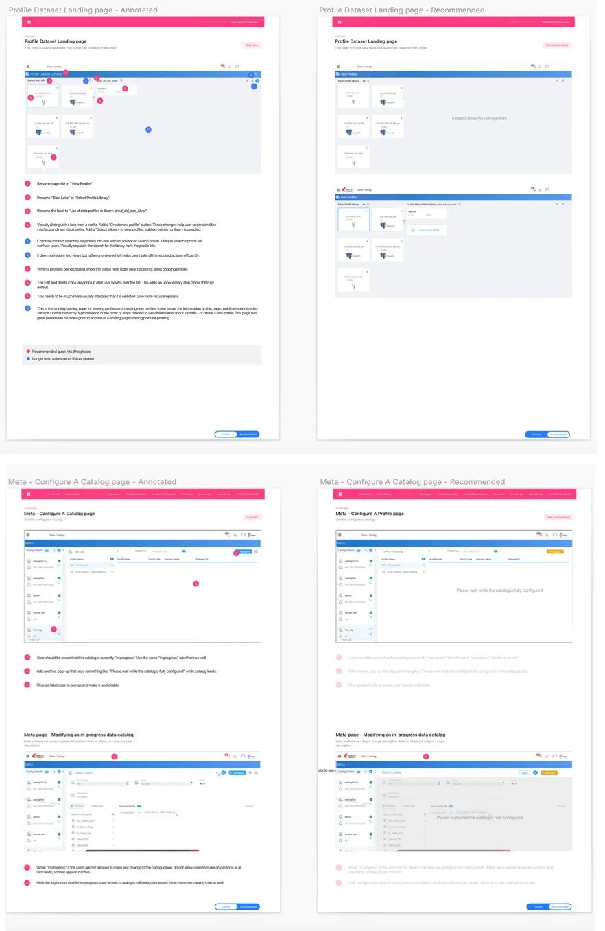 A snippet from Sketch file showing two of the several screens we recommended changes for. The screens on left side while are the original screens with suggested changes and right side screens visualize the changes. Pink pointers represent quick fixe…