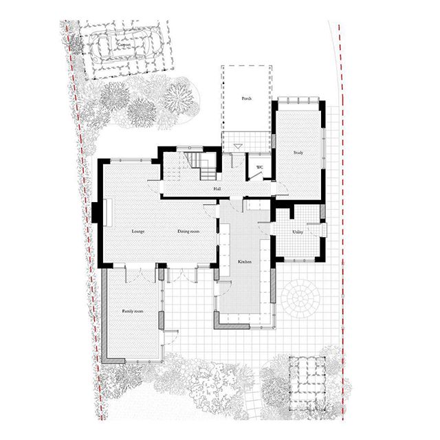 Early proposal for reconfiguring + extending this modernist family home 💡 Carport + garden pavilion are inspired by the existing parquet floor pattern; the corner windows are from our big book of beautiful 60s building elements 😬 #modernist #archit