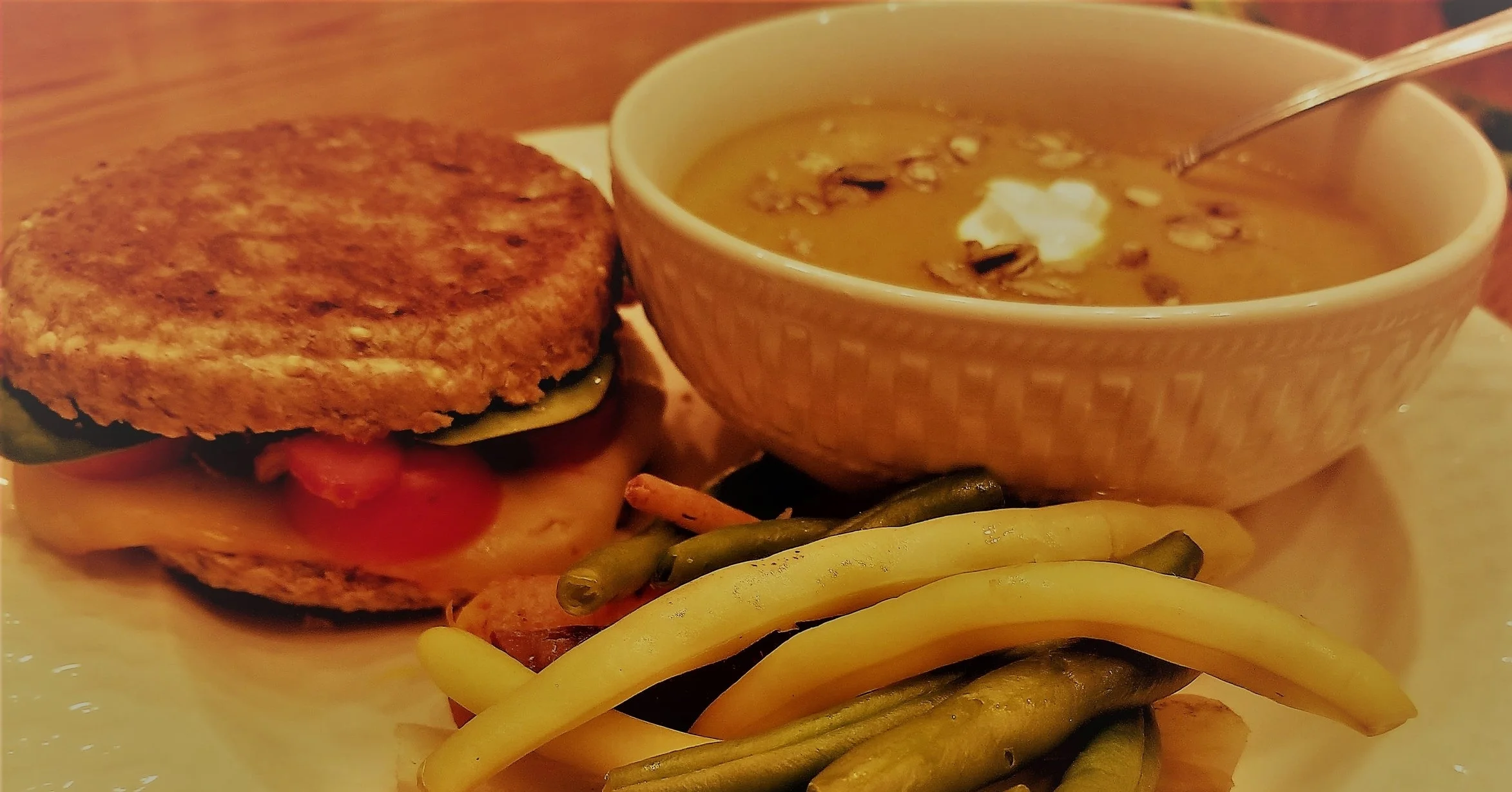 Grilled cheese, butternut squash soup (from a can - GASP!), and steamed green beans.